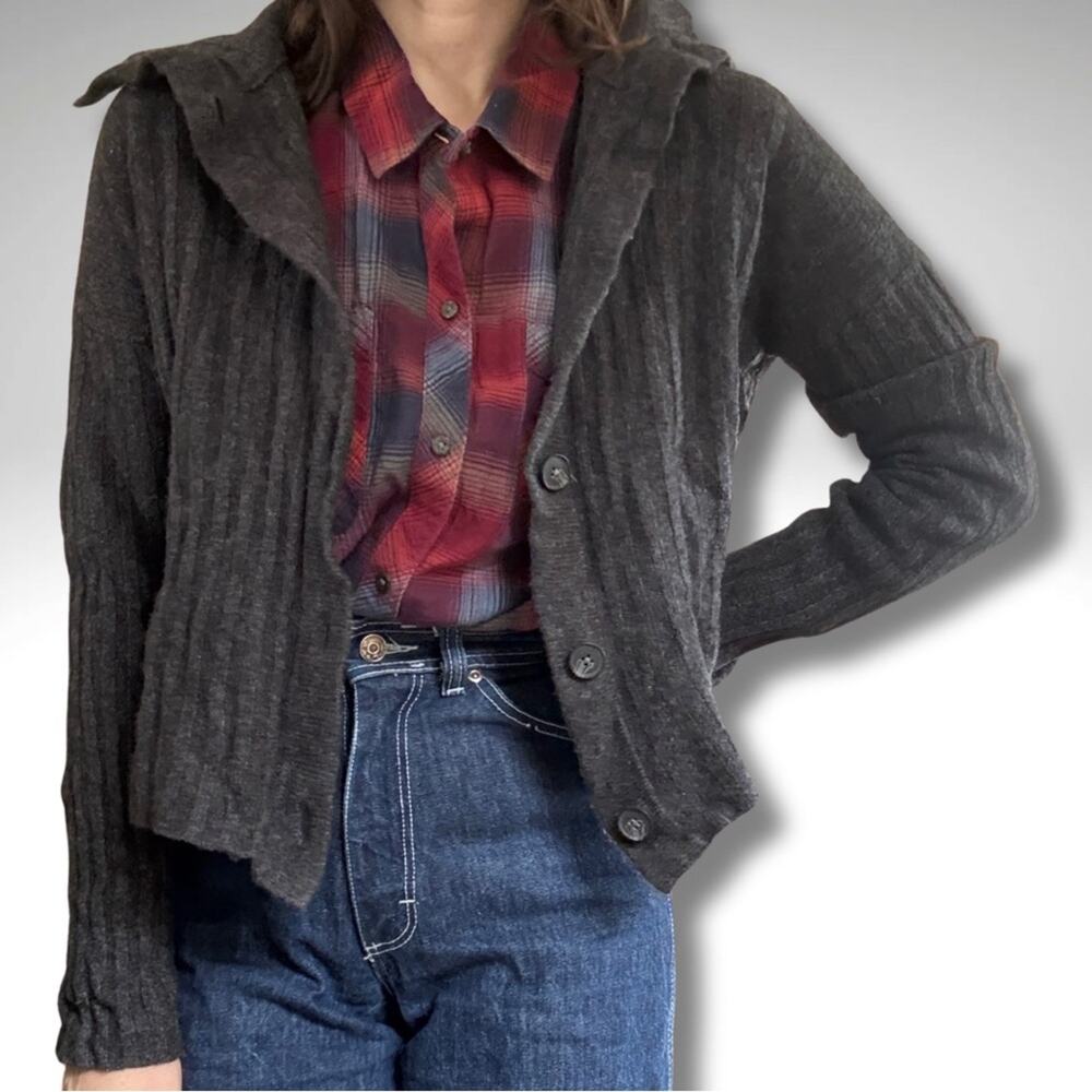 Madewell Ribbed Wool Blend Dark Gray Collared Cardigan Sweater Jacket | Small